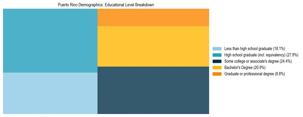 Treemap chart illustrating educational attainment levels for adults 25+ in Puerto Rico based on 2024 ACS data.