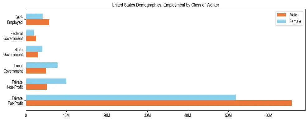 Bar chart showing employment distribution by class of worker (Private, Government, Self-Employed) in United States based on 2024 ACS data.
